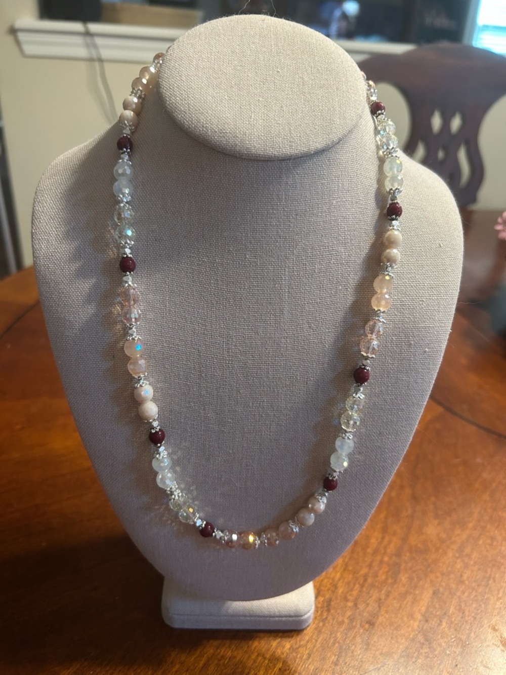 Handmade Beaded Necklace with Glass, Crystal, and Rubies